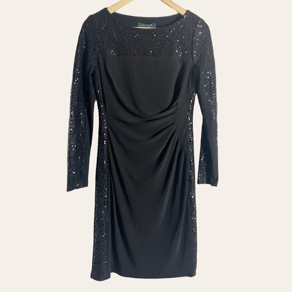 Lauren Ralph Lauren Black Long Sleeve Sequined Ruched Mini Sheath Dress Size 4
